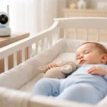 Photo d'un bébé surveillé par un babyphone. Image créée par IA