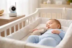 Photo d'un bébé surveillé par un babyphone. Image créée par IA
