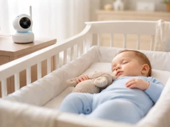 Photo d'un bébé surveillé par un babyphone. Image créée par IA