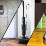 Montage photo de trois appareils de maison testés par Labo Maison : à gauche, l'aspirateur laveur Dyson PencilWash gris et bleu ; au milieu, l'aspirateur laveur Roborock F25 Ace Pro noir et blanc sur sa station de charge ; à droite, la machine à expresso Silvercrest de Lidl en acier inoxydable.