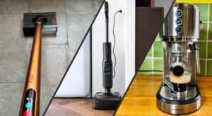 Montage photo de trois appareils de maison testés par Labo Maison : à gauche, l'aspirateur laveur Dyson PencilWash gris et bleu ; au milieu, l'aspirateur laveur Roborock F25 Ace Pro noir et blanc sur sa station de charge ; à droite, la machine à expresso Silvercrest de Lidl en acier inoxydable.