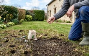 Pelouse âbimée : regarnissage au printemps avec semis de graines de gazon