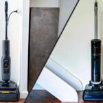 Deux aspirateurs laveurs de sol premium posés côte à côte sur un sol en parquet : le Roborock F25 Ultra à gauche et le Dreame H15 Pro Heat à droite.