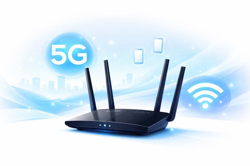 Routeur 5G exploitant un forfait 5G pour transformer le signal mobile en réseau Wi-Fi domestique et remplacer une box internet.