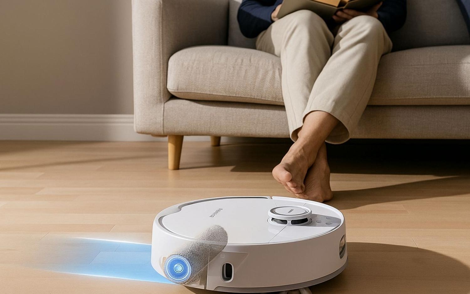Robot aspirateur laveur SwitchBot S20 en train de nettoyer le sol avec son rouleau serpillère auto-nettoyant
