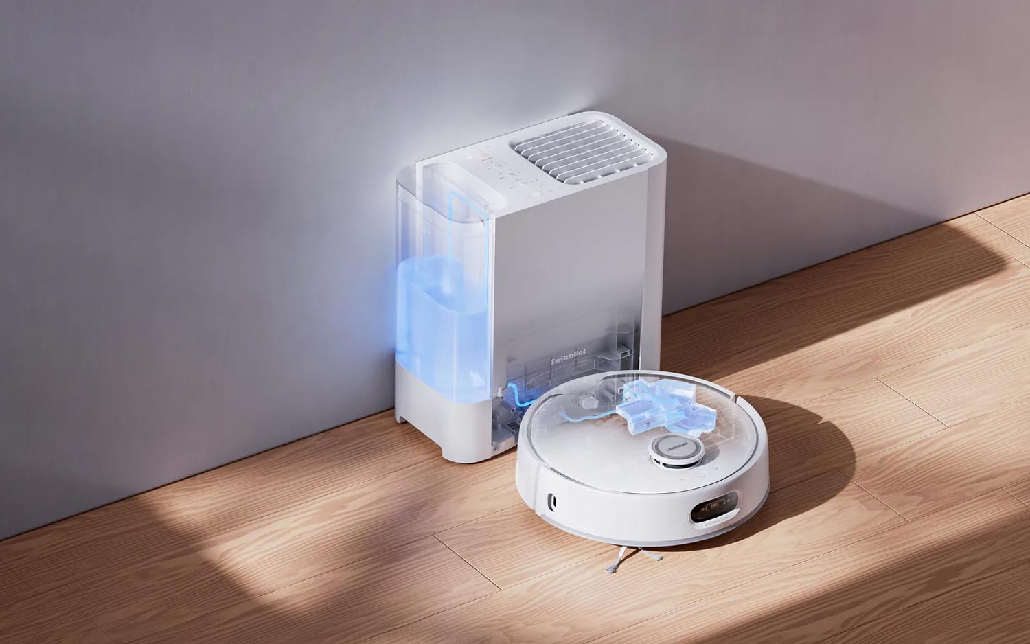 Robot aspirateur laveur SwitchBot S20 retournant automatiquement à sa station de recharge