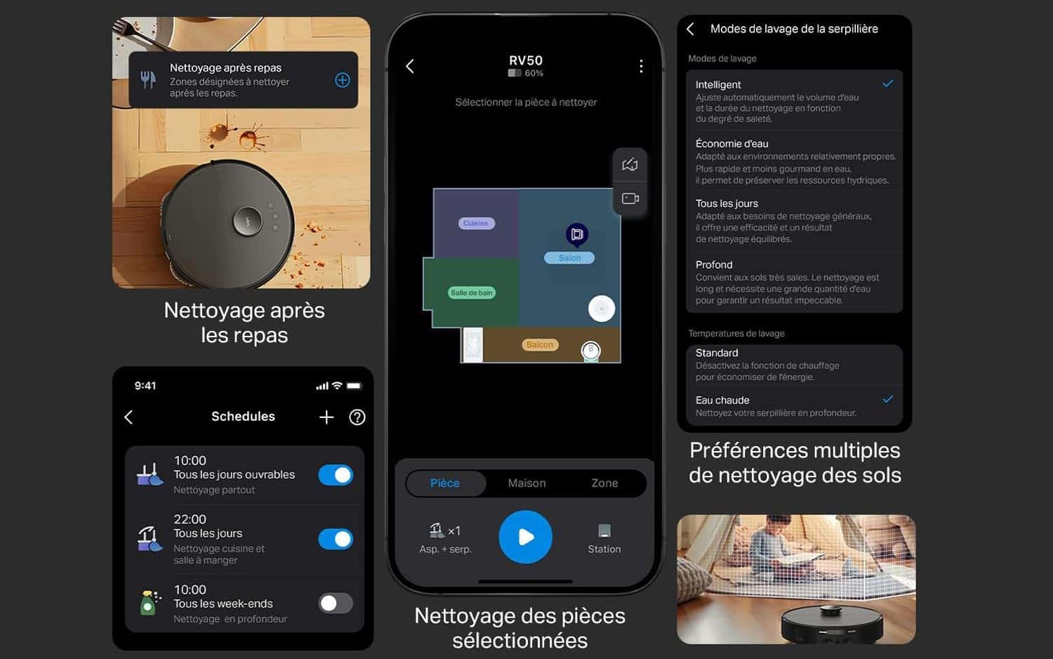 Interface de l’application Tapo pilotant le TP-Link Tapo RV50 Pro Omni avec cartographie et réglages par pièce