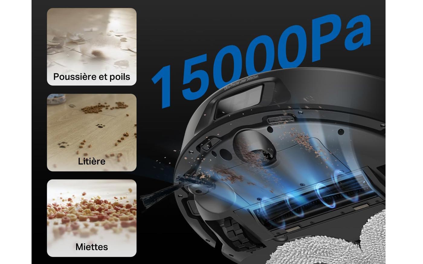 TP-Link Tapo RV50 Pro Omni affichant une puissance d’aspiration de 15 000 Pa sur sol dur