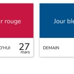 Double visuel officiel de l'alerte RTE Tempo. Le rectangle de gauche, rouge vif, affiche 'Jour rouge AUJOURD'HUI 27 mars'. Le rectangle de droite, bleu foncé, indique 'Jour bleu DEMAIN 28 mars'. Le contraste visuel marque la fin de la série de jours rouges.