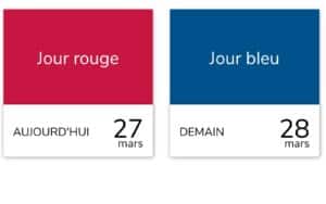 Double visuel officiel de l'alerte RTE Tempo. Le rectangle de gauche, rouge vif, affiche 'Jour rouge AUJOURD'HUI 27 mars'. Le rectangle de droite, bleu foncé, indique 'Jour bleu DEMAIN 28 mars'. Le contraste visuel marque la fin de la série de jours rouges.