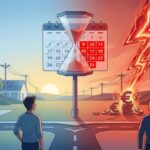 Illustration divisée : côté gauche bleu et paisible, côté droit rouge et orageux avec un éclair frappant des pièces de monnaie. Un calendrier au centre indique des jours rouges.