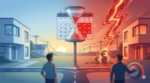 Illustration divisée : côté gauche bleu et paisible, côté droit rouge et orageux avec un éclair frappant des pièces de monnaie. Un calendrier au centre indique des jours rouges.