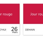 Capture d'écran du calendrier RTE Tempo. À gauche, la case du jeudi 26 mars indique 'Jour rouge'. À droite, la case du vendredi 27 mars confirme également un 'Jour rouge'. Les deux journées sont en rouge vif.
