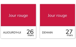 Capture d'écran du calendrier RTE Tempo. À gauche, la case du jeudi 26 mars indique 'Jour rouge'. À droite, la case du vendredi 27 mars confirme également un 'Jour rouge'. Les deux journées sont en rouge vif.