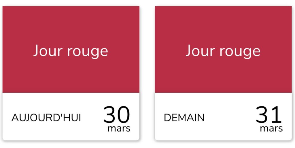 Capture d'écran du calendrier RTE Tempo. À gauche, la case du lundi 30 mars indique 'Jour rouge'. À droite, la case du mardi 31 mars confirme également un 'Jour rouge'. Les deux journées sont en rouge vif, marquant la fin de la période de forte tension.