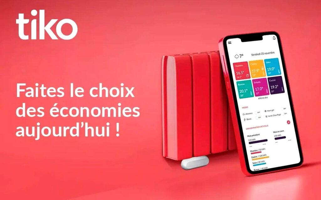 Application mobile et boîtier connecté Tiko sur fond rouge avec le slogan "Faites le choix des économies aujourd'hui", la technologie derrière le service Mon Pilotage Elec d'Engie.