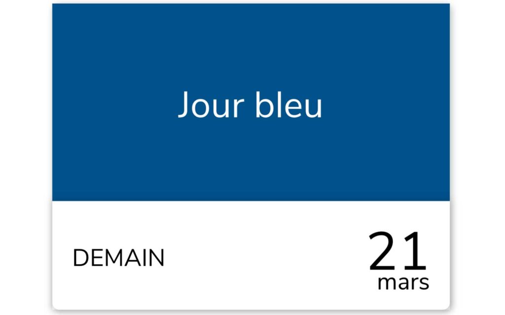 Capture d'écran officielle du portail RTE annonçant un Jour Bleu Tempo pour le samedi 21 mars 2026 et ce week-end. Le visuel montre un bandeau bleu foncé avec l'inscription 'Jour bleu' et la date du 21 mars en bas à droite.