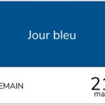 Capture d'écran officielle du portail RTE annonçant un Jour Bleu pour le samedi 21 mars 2026. Le visuel montre un bandeau bleu foncé avec l'inscription 'Jour bleu' et la date du 21 mars en bas à droite.