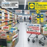 Photographie de synthèse montrant une allée de supermarché divisée en deux zones comparatives : à gauche, le rayon E.Leclerc avec une affiche "Le plus cher" et des produits de marque nationale, et à droite, le rayon Lidl avec une affiche "Le moins cher" et des produits MDD. Au centre, un caddie avec une pancarte rouge résume l'enquête 2026.