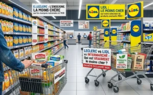 Photographie de synthèse montrant une allée de supermarché divisée en deux zones comparatives : à gauche, le rayon E.Leclerc avec une affiche "Le plus cher" et des produits de marque nationale, et à droite, le rayon Lidl avec une affiche "Le moins cher" et des produits MDD. Au centre, un caddie avec une pancarte rouge résume l'enquête 2026.