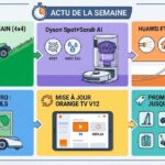 Infographie simplifiée illustrant les nouveautés tech maison 2026 : robot tondeuse 4x4 sur pente, aspirateur robot haut de gamme et installation de fibre optique invisible.