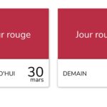 Capture d'écran du calendrier RTE Tempo. À gauche, la case du lundi 30 mars indique 'Jour rouge'. À droite, la case du mardi 31 mars confirme également un 'Jour rouge'. Les deux journées sont en rouge vif, marquant la fin de la période de forte tension.