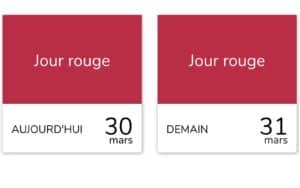 Capture d'écran du calendrier RTE Tempo. À gauche, la case du lundi 30 mars indique 'Jour rouge'. À droite, la case du mardi 31 mars confirme également un 'Jour rouge'. Les deux journées sont en rouge vif, marquant la fin de la période de forte tension.