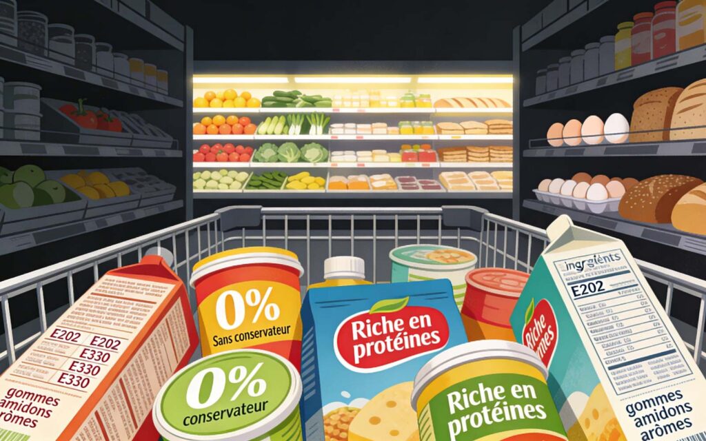 Caddie de supermarché rempli d'aliments ultra-transformés aux emballages colorés devant un rayon de produits bruts plus sains.