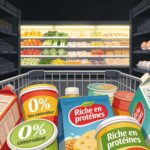 Caddie de supermarché rempli de produits ultra-transformés aux emballages colorés devant un rayon d’aliments bruts plus sains.