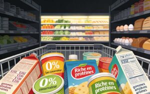 Caddie de supermarché rempli de produits ultra-transformés aux emballages colorés devant un rayon d’aliments bruts plus sains.