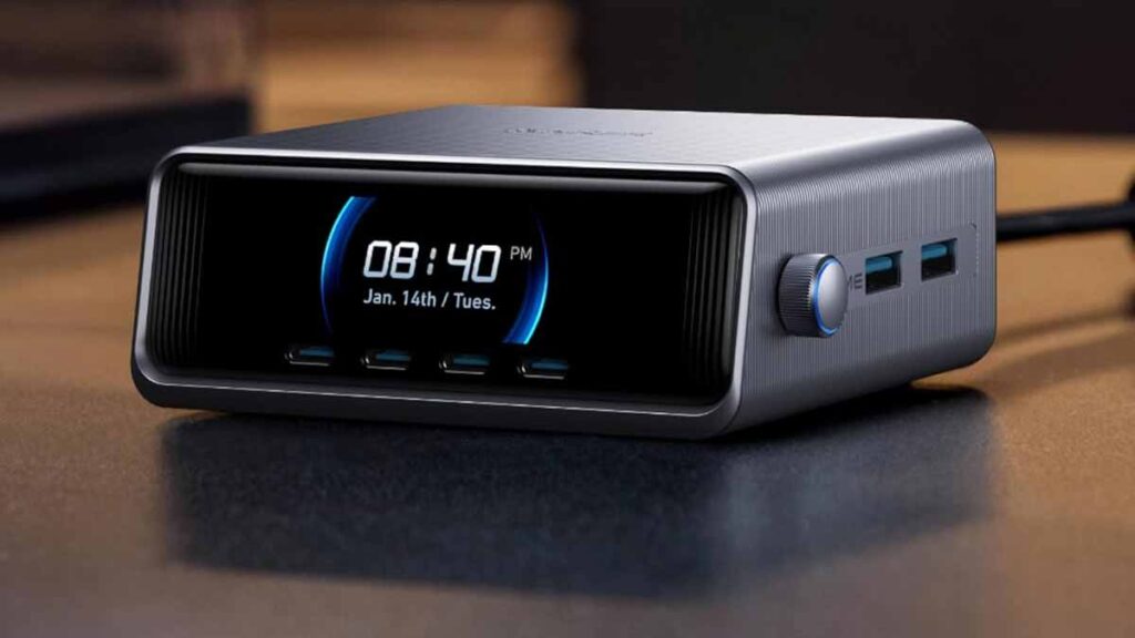 Écran LCD de contrôle en temps réel et molette de réglage sur le chargeur de bureau Anker Prime 250W