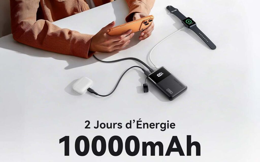 Batteries externes 10 000 mAh capable de charger un iPhone, idéale pour 1 à 2 recharges complètes en mobilité
