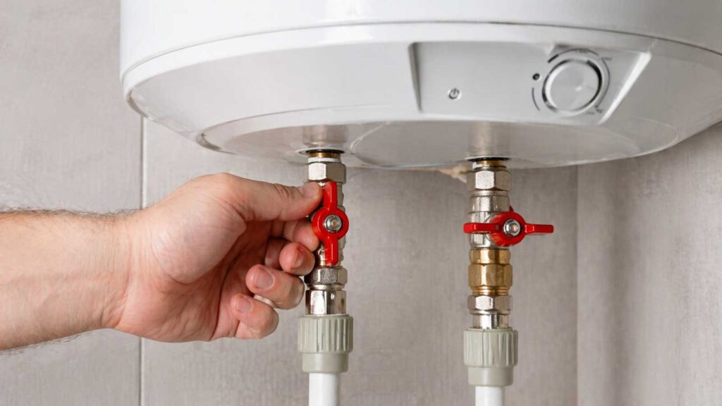 Robinets d'arrêt rouges sous un chauffe-eau électrique blanc, manipulation des vannes d'eau chaude