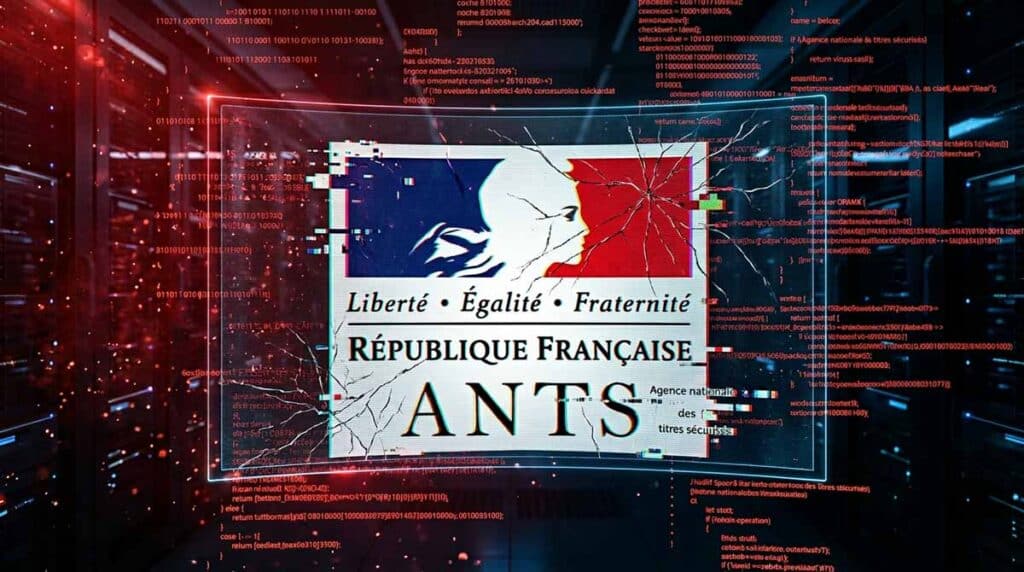 Illustration d’une cyberattaque visant le portail ANTS avec le logo de l’agence sur fond numérique sombre