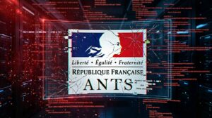Illustration d’une cyberattaque visant le portail ANTS avec le logo de l’agence sur fond numérique sombre