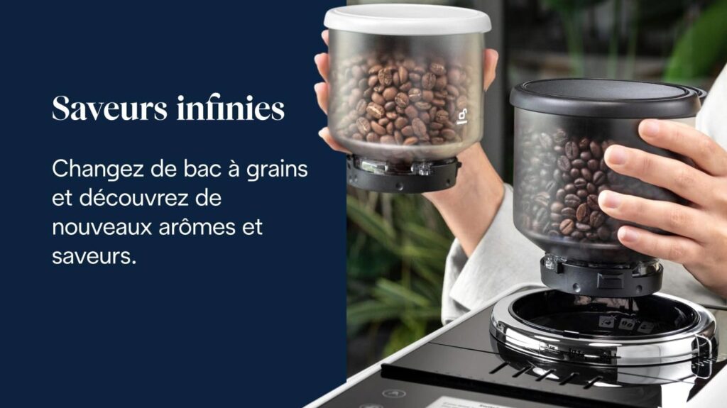 Machine à café à grain Delonghi Rivelia Latte avec deux bacs à grains interchangeables sur le dessus