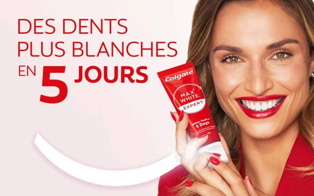 Publicité pour un dentifrice blancheur promettant des dents plus blanches en 5 jours