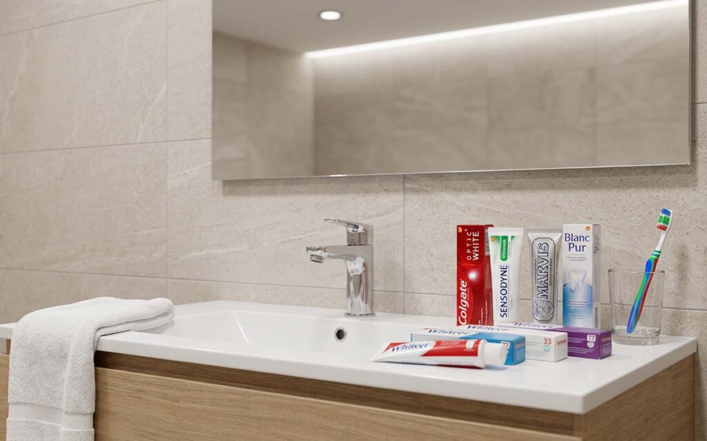 Plusieurs dentifrices blancheur et une brosse à dents posés près d’un lavabo dans une salle de bain moderne