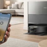 Aspirateur robot Dreame compatible Matter contrôlé depuis l’application Maison Apple sur iPhone dans un salon moderne