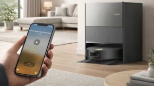 Aspirateur robot Dreame compatible Matter contrôlé depuis l’application Maison Apple sur iPhone dans un salon moderne