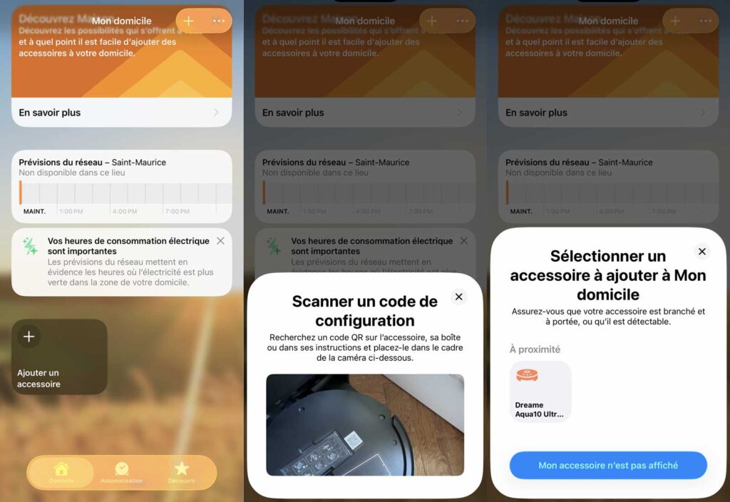 Trois captures d’écran montrant l’ajout d’un aspirateur robot Dreame dans l’app Maison d’Apple, avec un QR code Matter qui échoue puis une détection manuelle réussie.