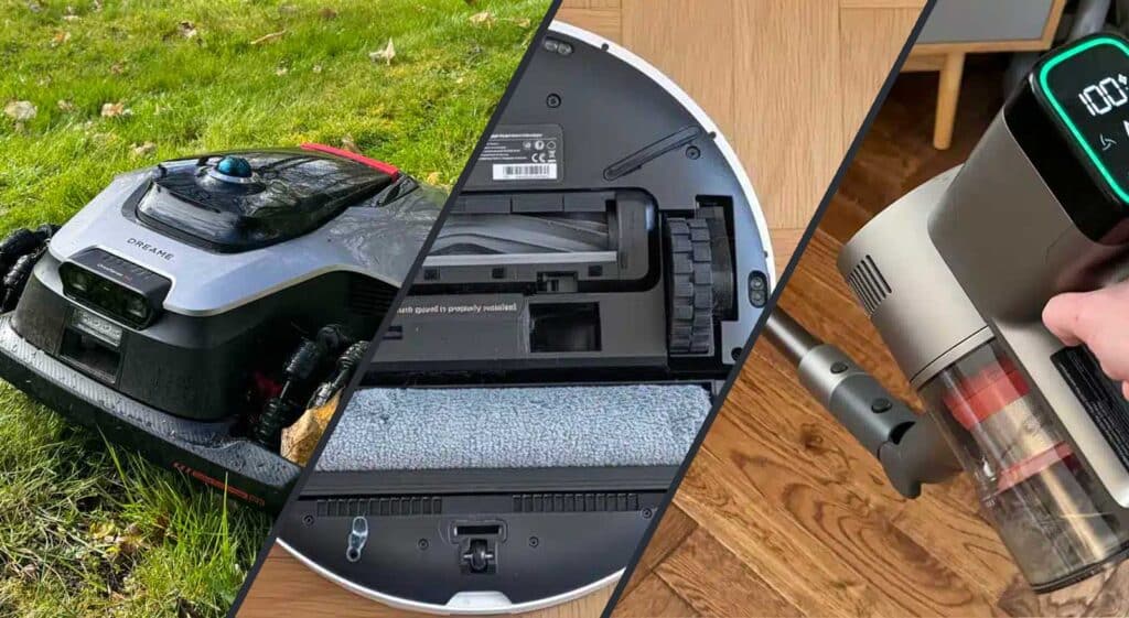 Tests Labo Maison : le robot tondeuse Dreame A3 AWD Pro, l'aspirateur robot Mova S70 Roller et l'aspirateur balai Xiaomi G30 Max.