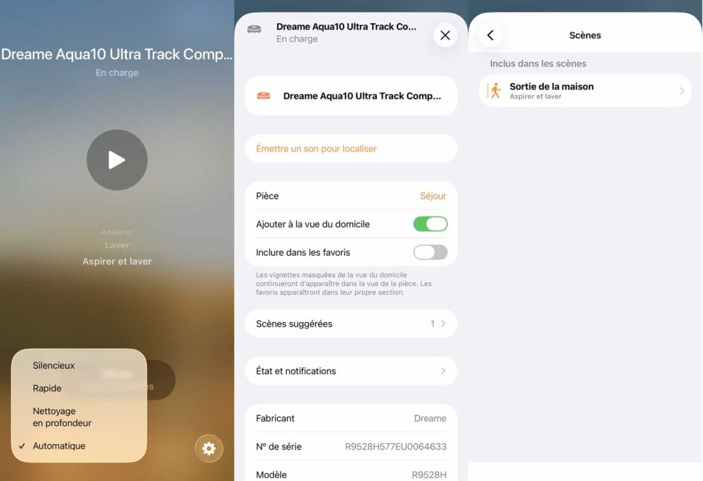 Capture d’écran des réglages disponibles pour le robot Dreame dans l’app Maison d’Apple, avec seulement quelques options de nettoyage et de pièces à sélectionner.