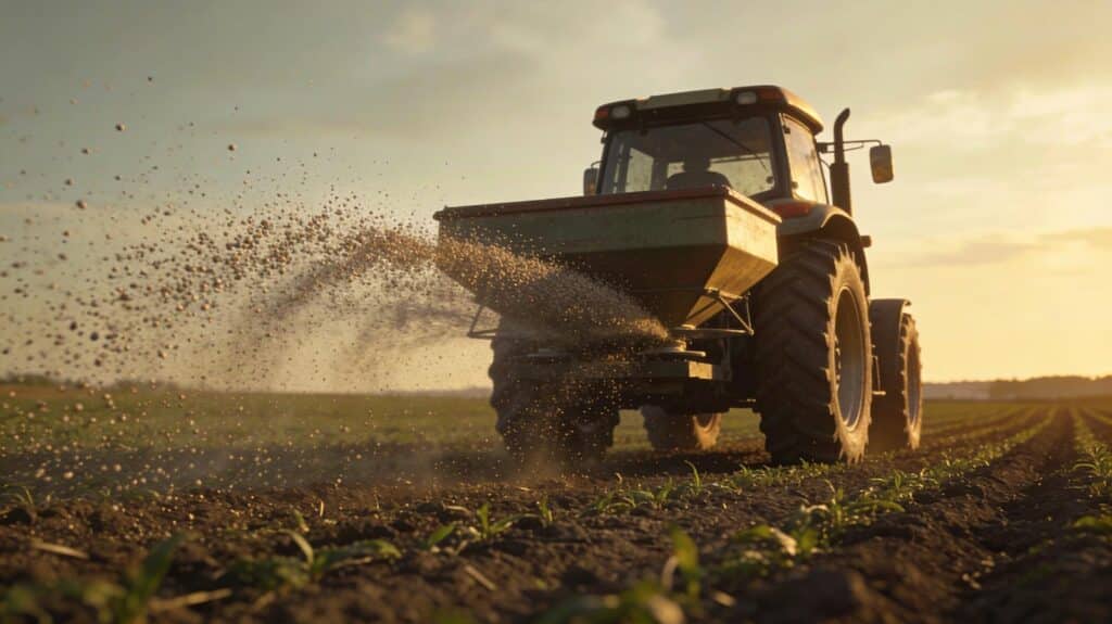 Tracteur de dos en train d’épandre des engrais sur un champ agricole