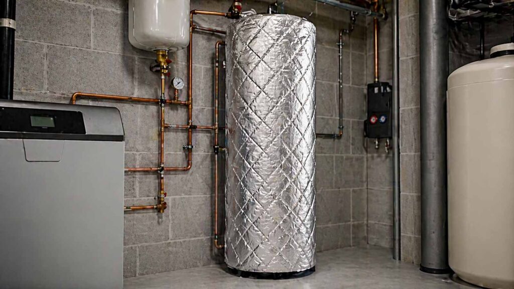 Ballon d'eau chaude recouvert d'une housse d'isolation thermique brillante, installé dans le sous-sol non chauffé d'une maison.