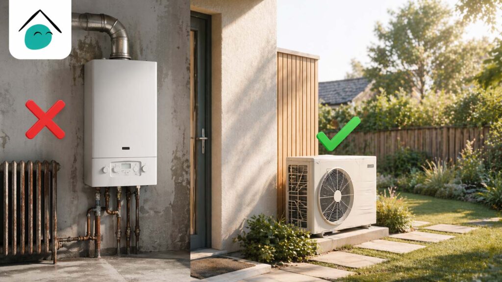 Illustration : à gauche, une chaudière au gaz barrée d’une grande croix rouge avec la mention « Non au gaz » ; à droite, une pompe à chaleur entourée d’un cercle vert avec la mention « Oui à la PAC »
