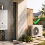 Illustration : à gauche, une chaudière au gaz barrée d’une grande croix rouge avec la mention « Non au gaz » ; à droite, une pompe à chaleur entourée d’un cercle vert avec la mention « Oui à la PAC »