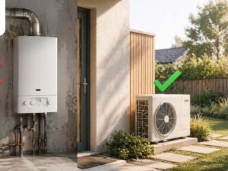 Illustration : à gauche, une chaudière au gaz barrée d’une grande croix rouge avec la mention « Non au gaz » ; à droite, une pompe à chaleur entourée d’un cercle vert avec la mention « Oui à la PAC »