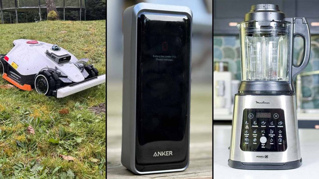 Montage photo du récap des tests de la semaine LaboMaison avec le Mammotion Luba 3 AWD, la batterie externe Anker Prime 26K 300 W et le Moulinex Perfectmix Cook