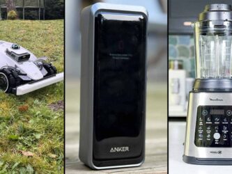Montage photo du récap des tests de la semaine LaboMaison avec le Mammotion Luba 3 AWD, la batterie externe Anker Prime 26K 300 W et le Moulinex Perfectmix Cook